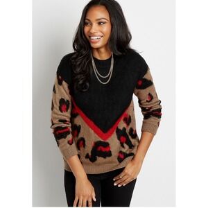 Maurices Chevron Black/Red Leopard Print Sweater, Womens Large